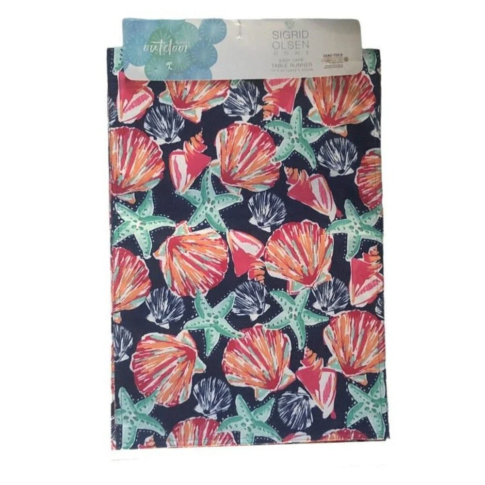 Sigrid Olsen Table Runner 15x90 Beach Seashells Reversible Indoor Outdoor Navy